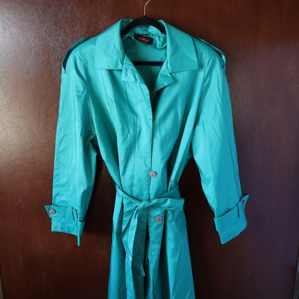 British Mist Vintage ALORNA Teal Women's Raincoat‎ Trench Coat Belted Size 15/16
